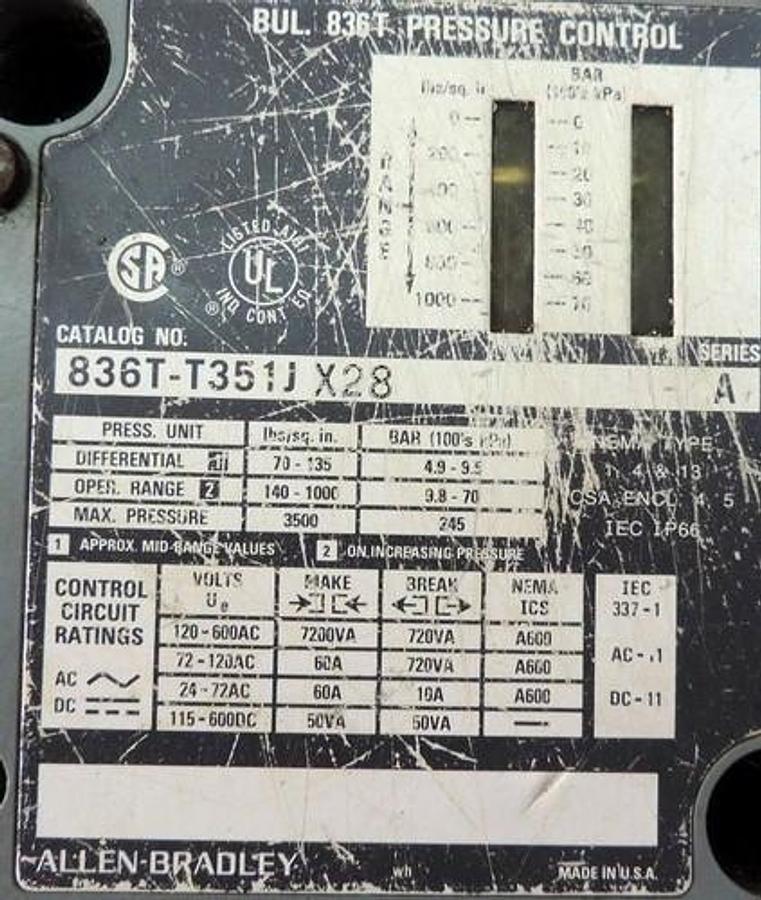Used ALLEN BRADLEY 836T-T351JX28, SER. A PRESSURE CONTROL SWITCH 600VAC MAX 5A MAX