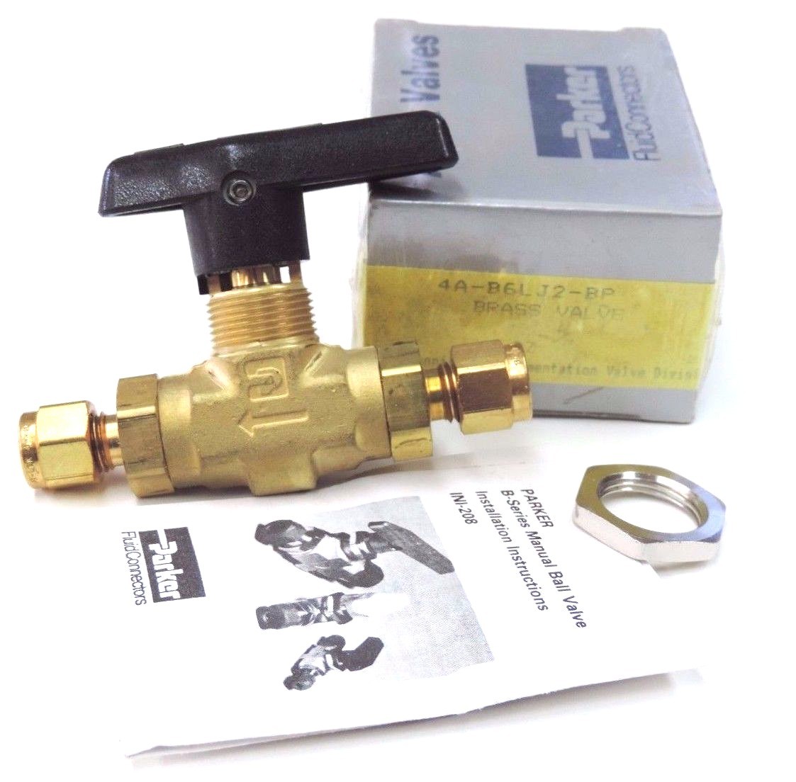 NIB PARKER 4A-B6LJ2-BP 1/4" TWO-WAY B SERIES BRASS BALL VALVE 4AB6LJ2BP