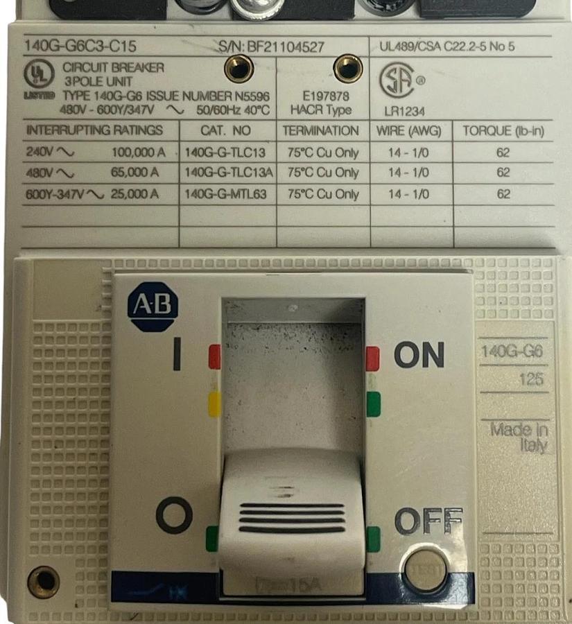 Used Allen-Bradley 140G-G6C3-C15 Molded Case Circuit Breaker 15A 3-Pole 600V