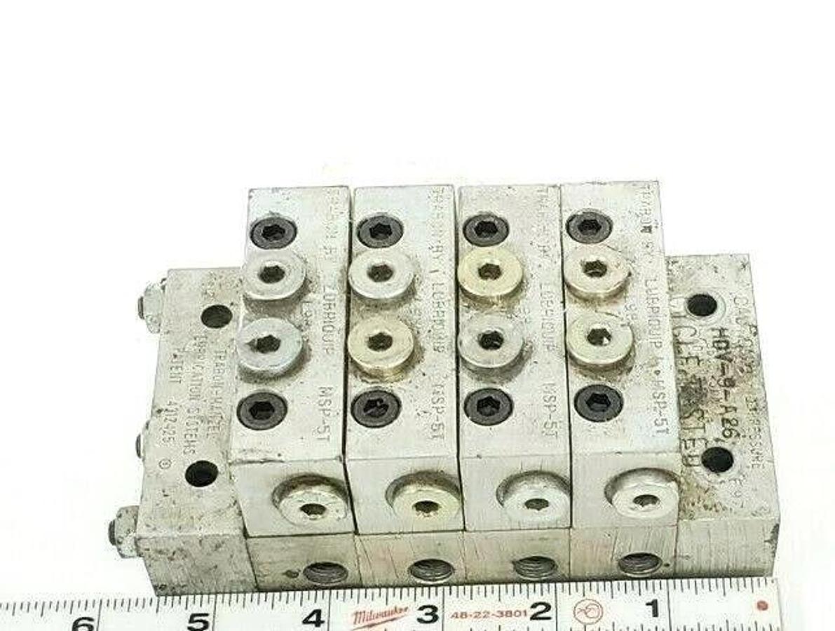 Used LUBRIQUIP HDV-9-A26 MANIFOLD BLOCK VALVE ASSEMBLY MSP-5T MSP5T HDV9A26