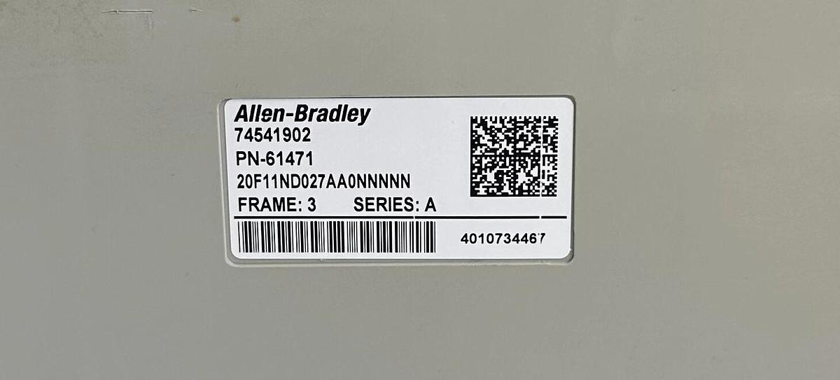Used ALLEN BRADLEY 20F11ND027AA0NNNNN /A PowerFlex 753 AC DRIVE 15kW/20HP 432-528V