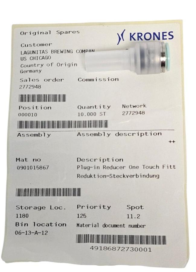 LOT OF 10 NEW KRONES 0901015867 PLUG-IN REDUCER ONE TOUCH FITTINGS