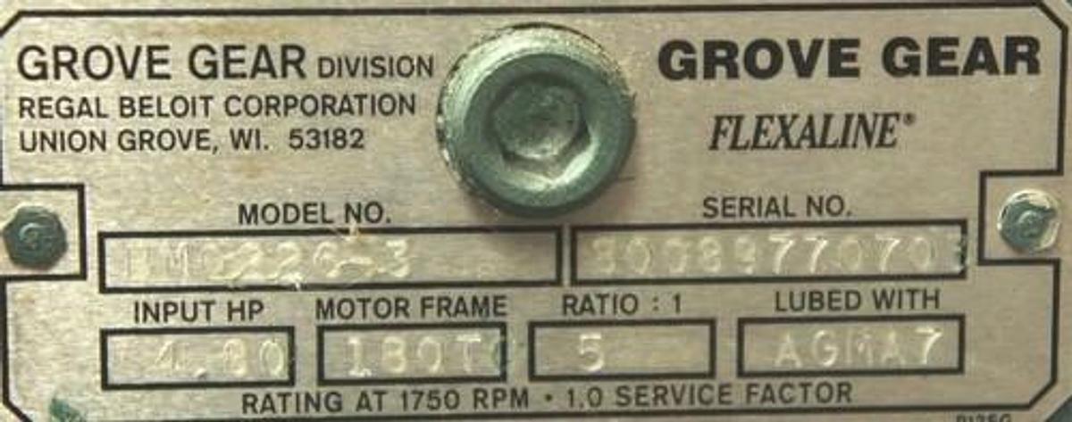 Used GROVE GEAR BM0226-3 WORM GEAR REDUCER 5:1 RATIO 4.80 INPUT HP 180T MOTOR FRAME