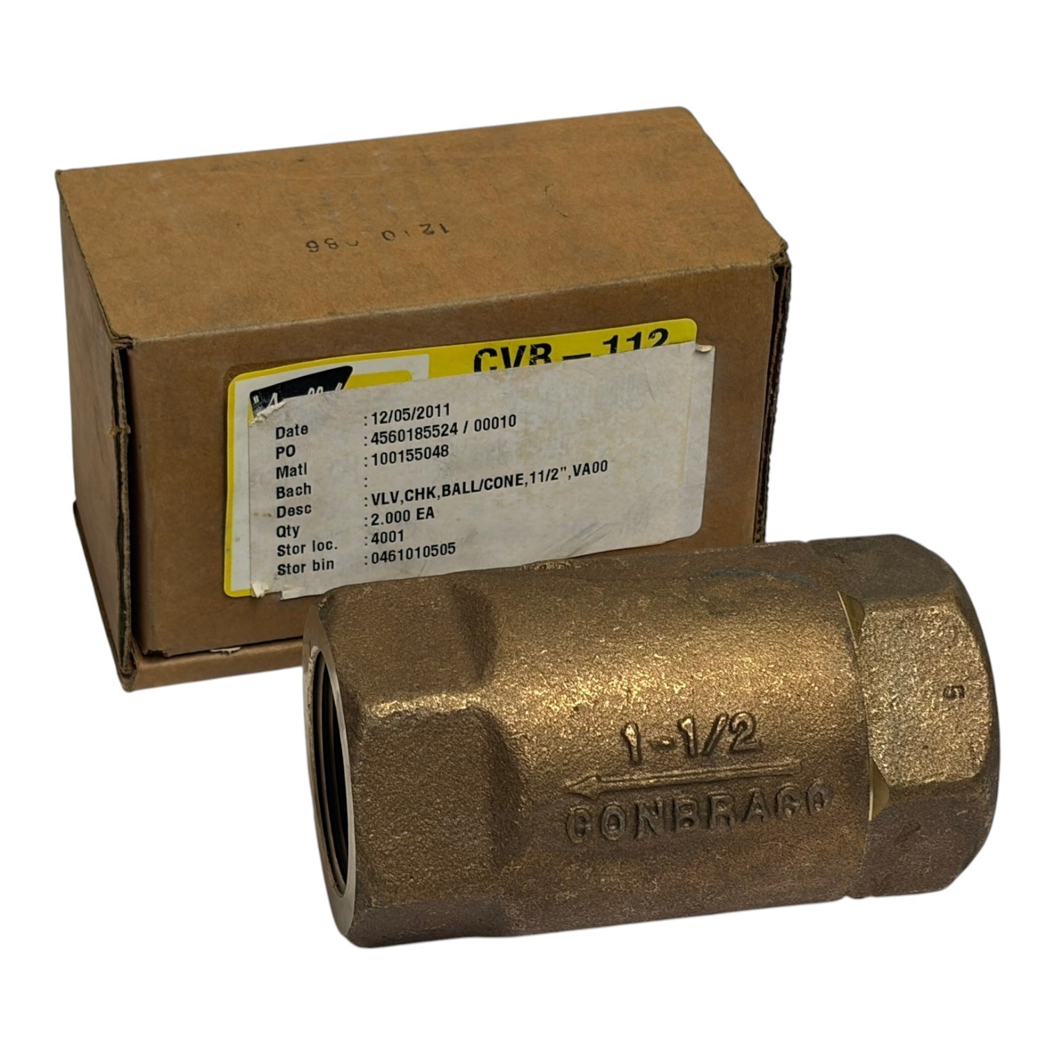 Used Apollo CVB-112 Bronze 1-1/2" In-Line Ball-Cone Check Valve 400 WOG New