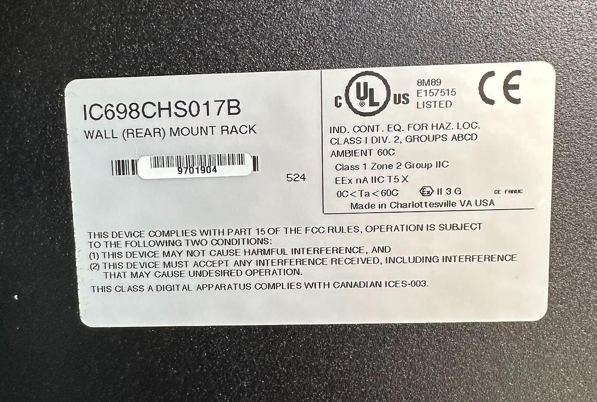 Used GE FANUC IC698CHS017B RX7i WALL (REAR) MOUNT RACK 17-SLOT IC698CHS017