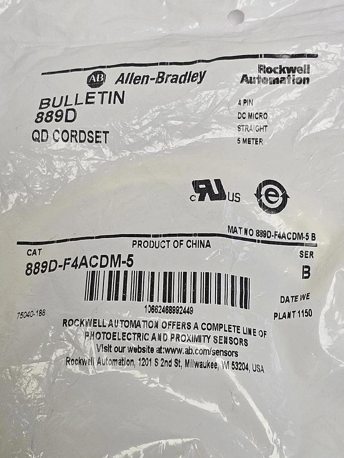 Used NEW ALLEN BRADLEY 889D-F4ACDM-5 QD CORDSET 4-PIN 5M SER. B 889DF4ACDM5