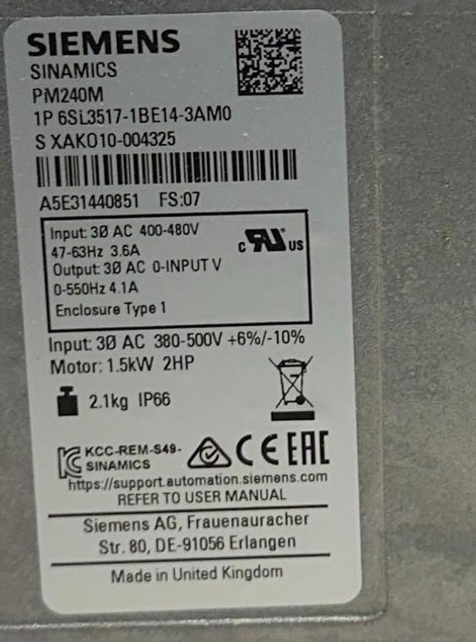 Used SIEMENS 6SL3517-1BE14-3AM0 / 6SL35171BE143AM0 SINAMICS PM240M POWER MODULE NSMP