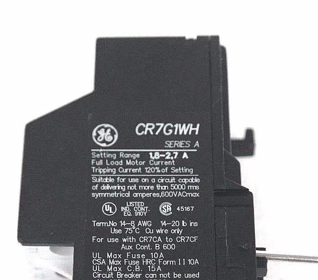 Used GENERAL ELECTRIC CR7G1WH SPECTRA 700 OVERLOAD RELAY SERIES A TYPE:AUTO/MANUAL