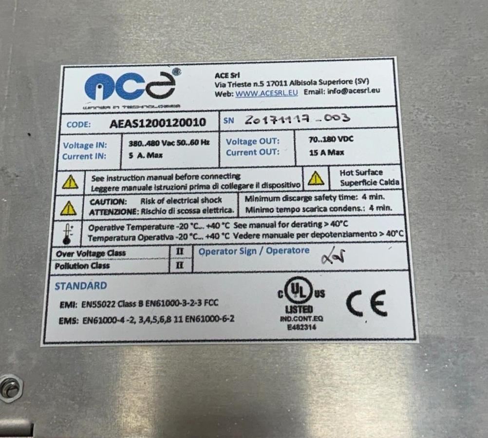 Used ACE INC AEAS1200120010 SWITCHING POWER SUPPLY 380-480 VAC 50/60 HZ