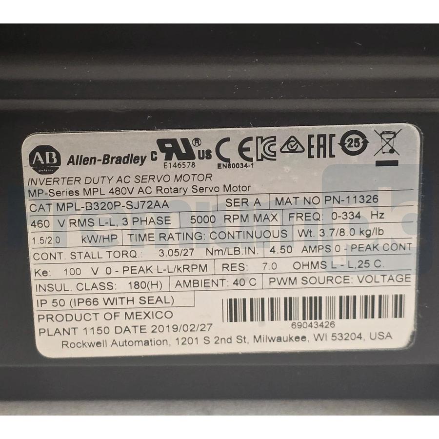 Surplus Allen Bradley MPL-B320P-SJ72AA /A MP-Series Servo Motor 460V 5000RPM 2HP 820919980510