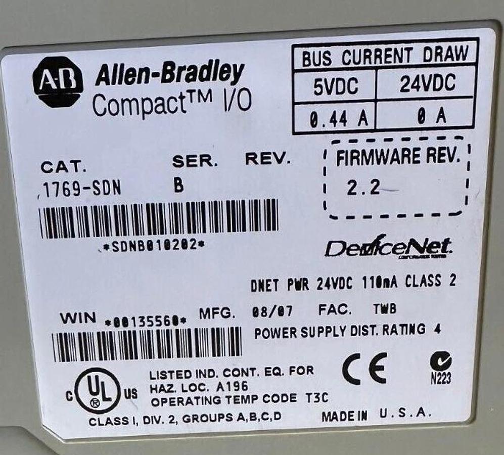 Used ALLEN BRADLEY 1769-SDN /B Compact I/O DeviceNet SCANNER MODULE F/W. 2.2 1769SDN