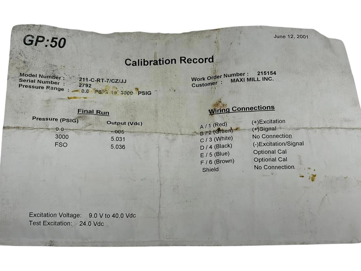 GP:50 211-C-RT-7/CZ/JJ Pressure Transducer 0-3000 PSIG Stainless New Calibration