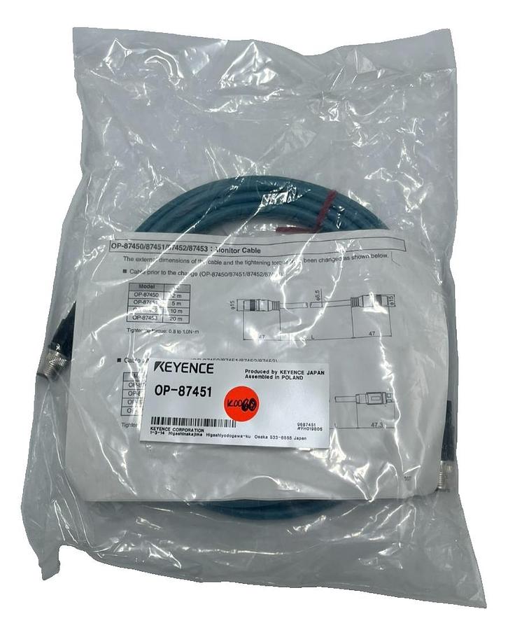 Used KEYENCE OP-87451 Monitor/Display Cable 2M M12 8-Pin to Pigtail - Keyence IV3/IX