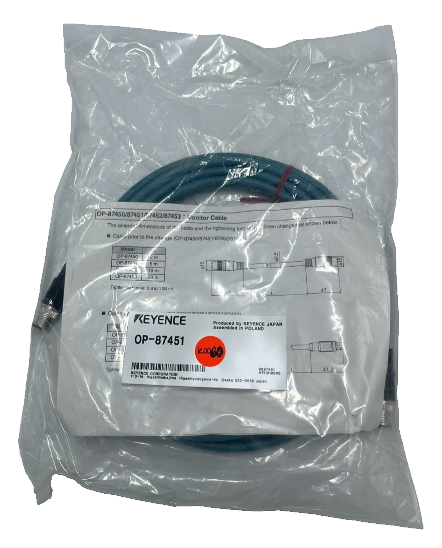 Used KEYENCE OP-87451 Monitor/Display Cable 2M M12 8-Pin to Pigtail - Keyence IV3/IX