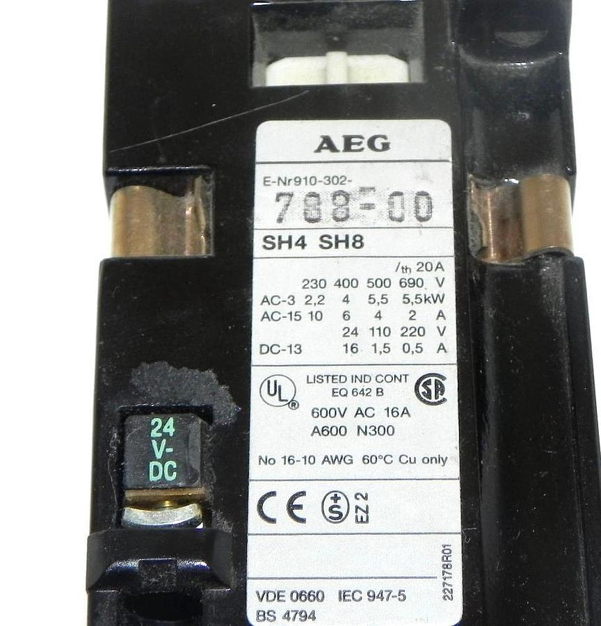 Used AEG 910-302-788-00 CONTACTOR 91030278800 6 POLE 24V DC 2 NC 20AMP SH880E