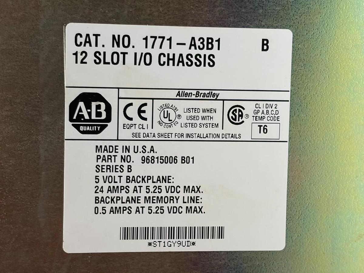 Used Allen-Bradley 1771-A3B1 PLC-5 12-Slot I/O Rack Assembly with Modules