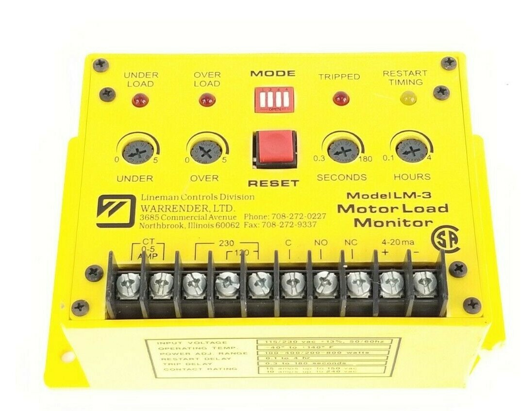 Used WARRENDER MODEL LM-3 MOTOR LOAD MONITOR LM3, 115/230 VAC