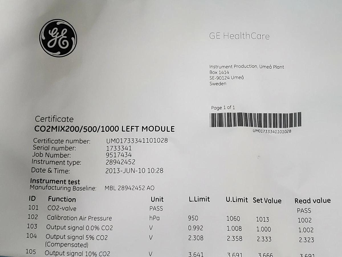 Used NIB GE HEALTHCARE CO2MIX200/500/1000 LEFT CO2 CONTROLLER 28411655