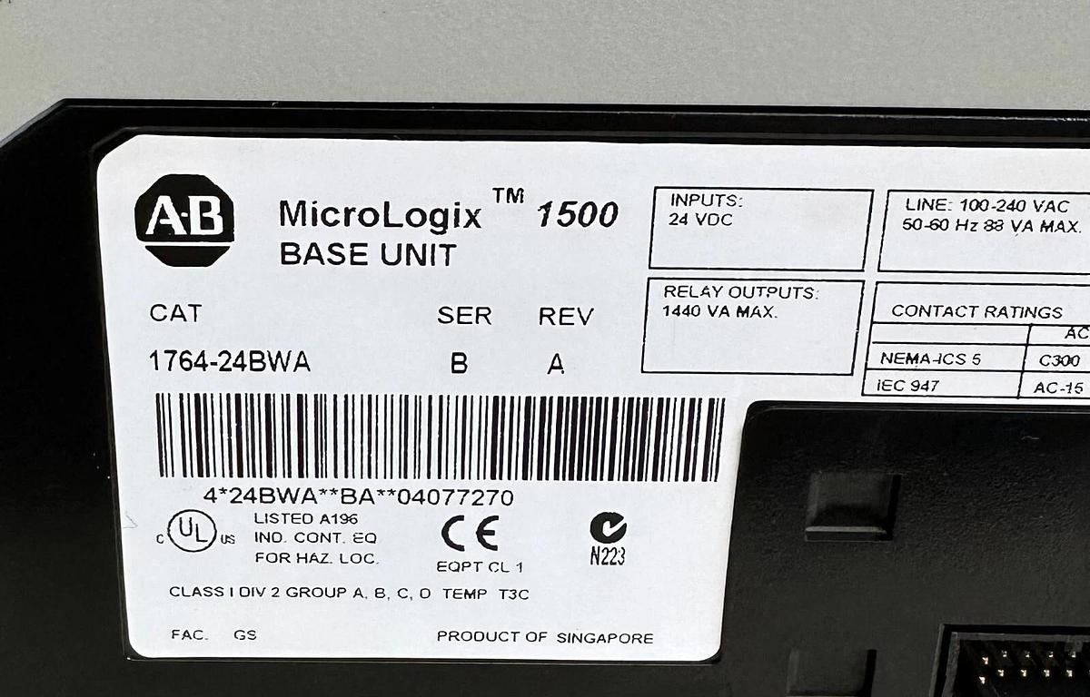 Used ALLEN BRADLEY 1764-24BWA /B MicroLogix 1500 BASE UNIT W/ 1764-LRP /C PROCESSOR