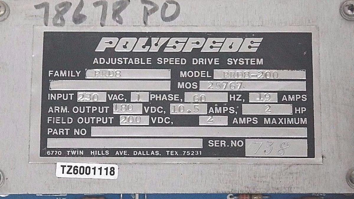 Used POLYSPEDE MODEL PRD8-200 ADJUSTABLE SPEED DRIVE 2HP, 1 PHASE, PRD8200