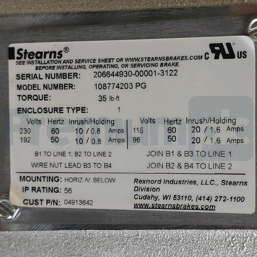 Used Stearns 108774203 PG Coupler Brake 87700 Series 35lb-ft 115/230V 1-087-742-03-PG