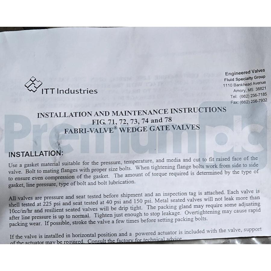 Used ITT Fabri-Valve F71 10" Wedge Gate Valve Flanged 150CWP FLG SS304 FV-F7120002200