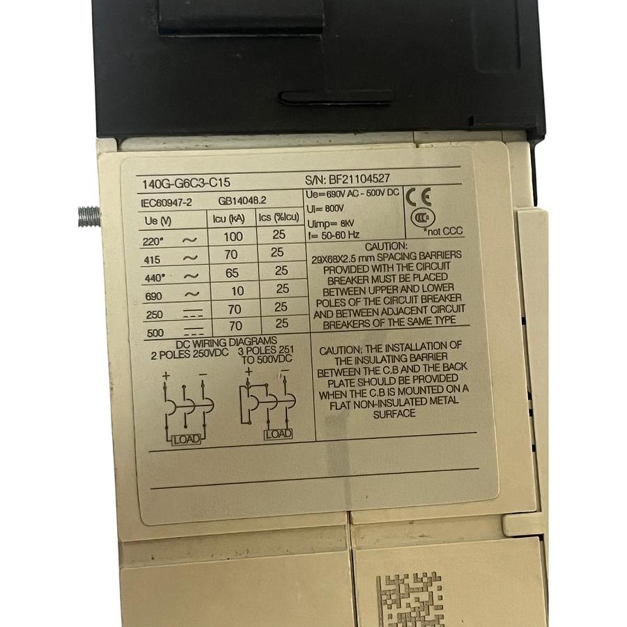 Used Allen-Bradley 140G-G6C3-C15 Molded Case Circuit Breaker 15A 3-Pole 600V