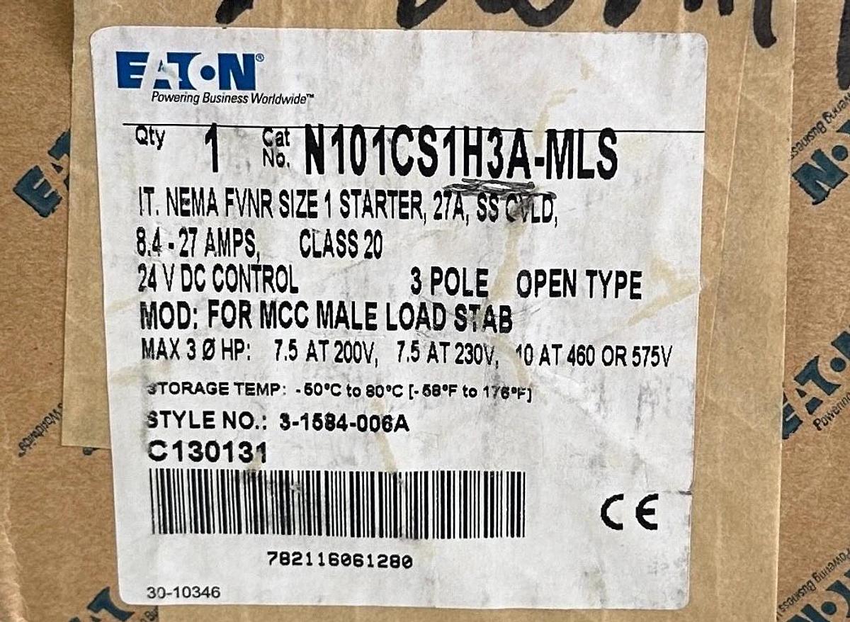 NEW EATON N101CS1H3A-MLS / 3-1584-006A NEMA FVNR SIZE 1 STARTER 27A 24VDC 3-POLE