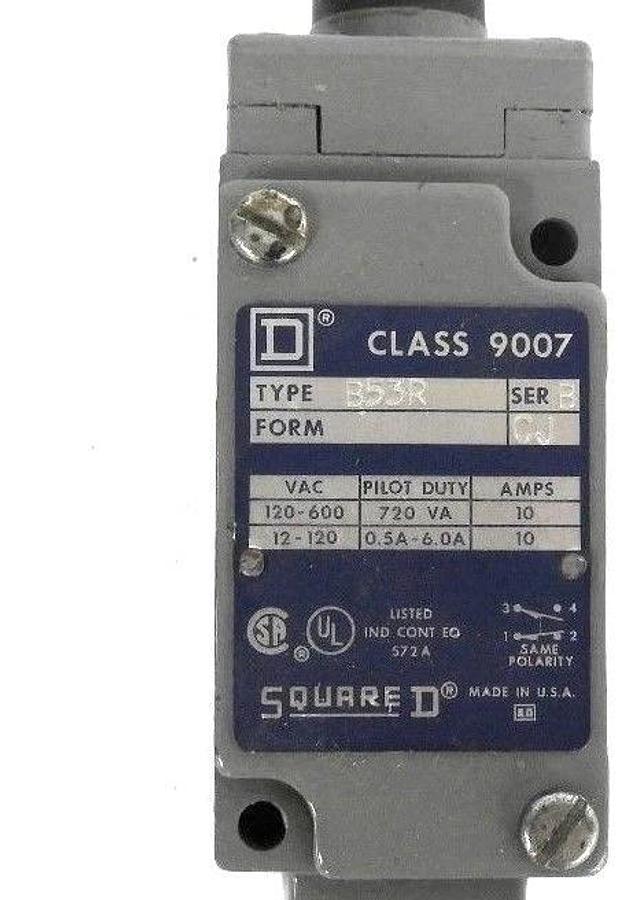 Used SQUARE D 9007-B53R-CJ LIMIT SWITCH SER. B FORM CJ 9007-B53R 9007B53R