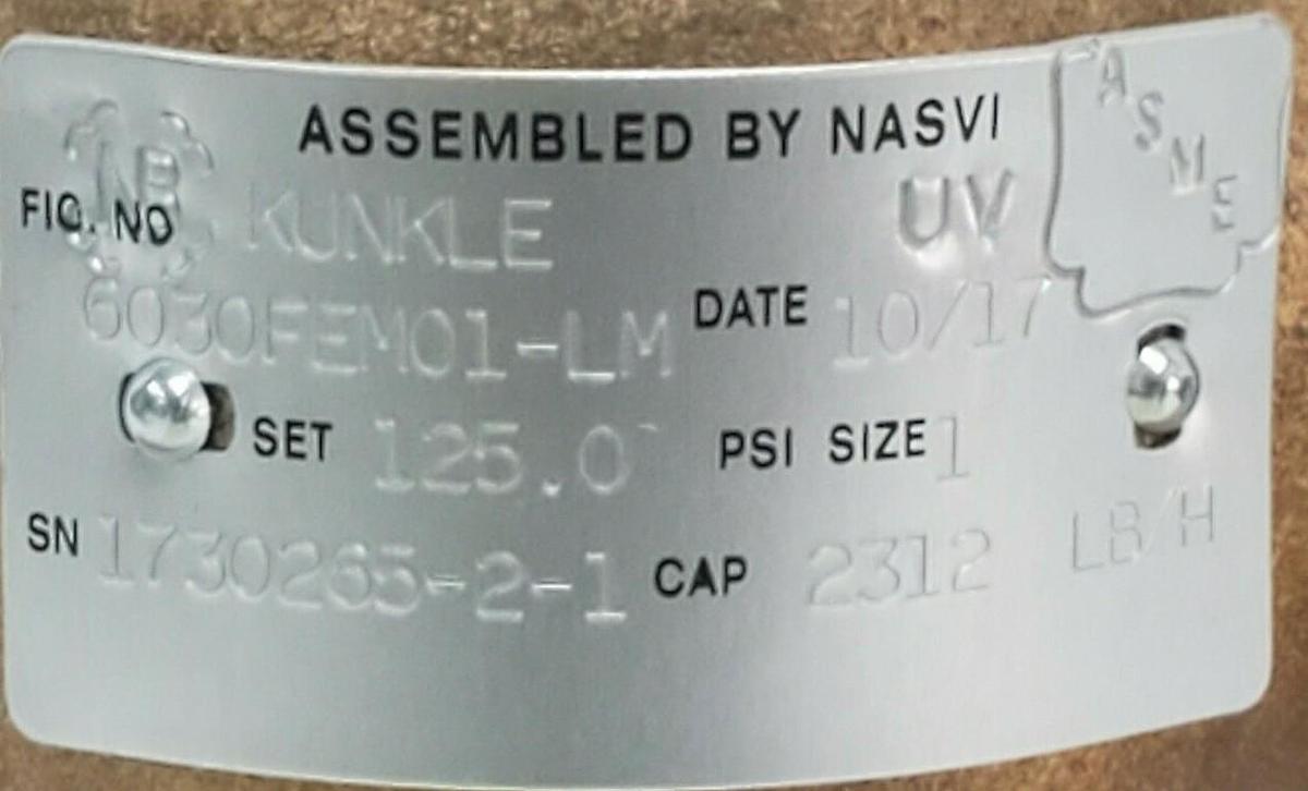 Used NIB KUNKLE 6030FEM01 RELIEF VALVE, 6030FEM01-LM, 6030FEM01-125, 125PSI, 1"