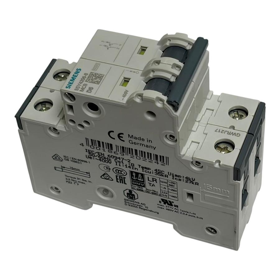 Siemens 5SY4206-8 Miniature Circuit Breaker MCB 2 Pole 6A D Curve New Surplus
