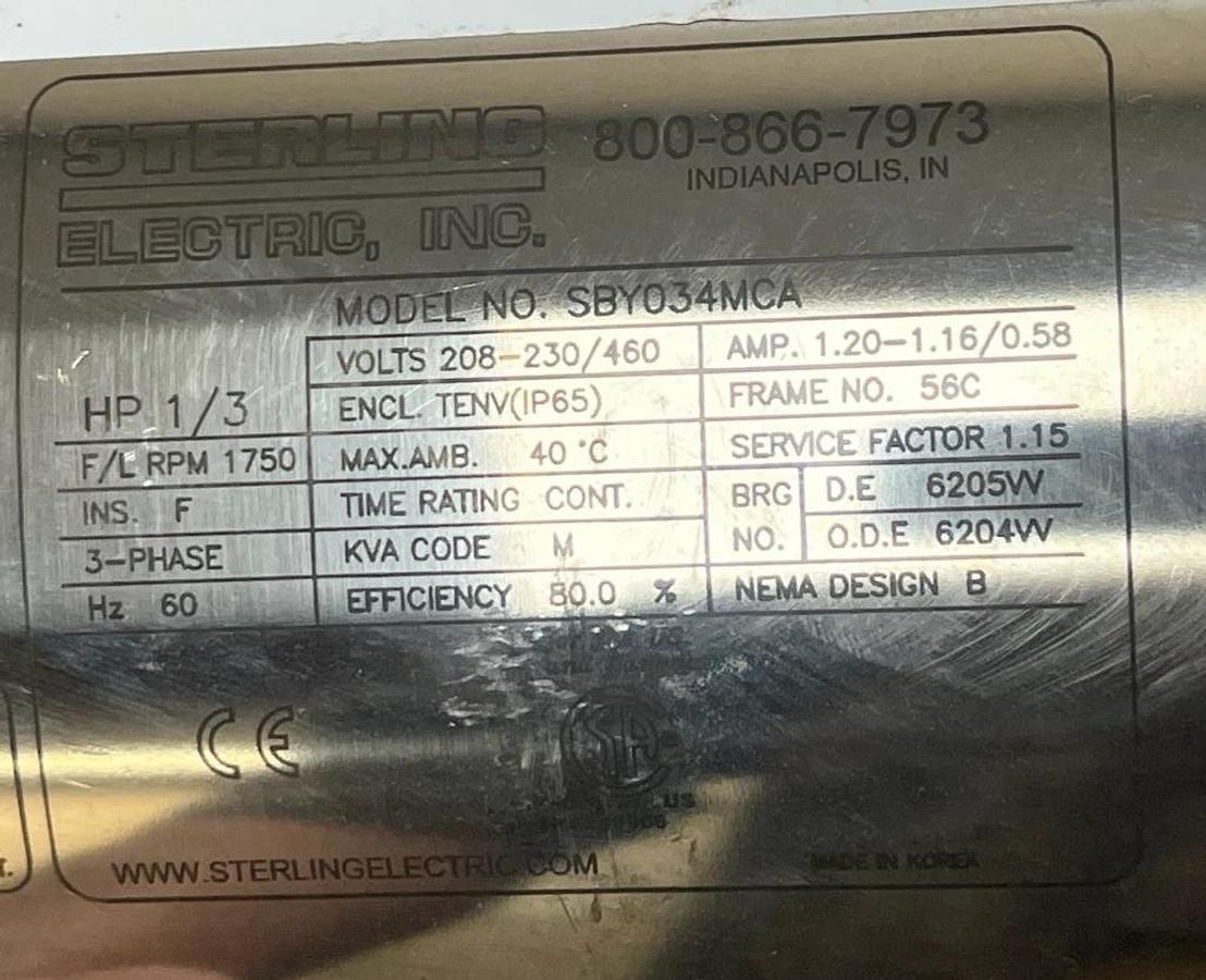 Sterling Electric SBY034MCA Stainless Washdown Motor 1/3HP 1750RPM 3PH 56C TENV