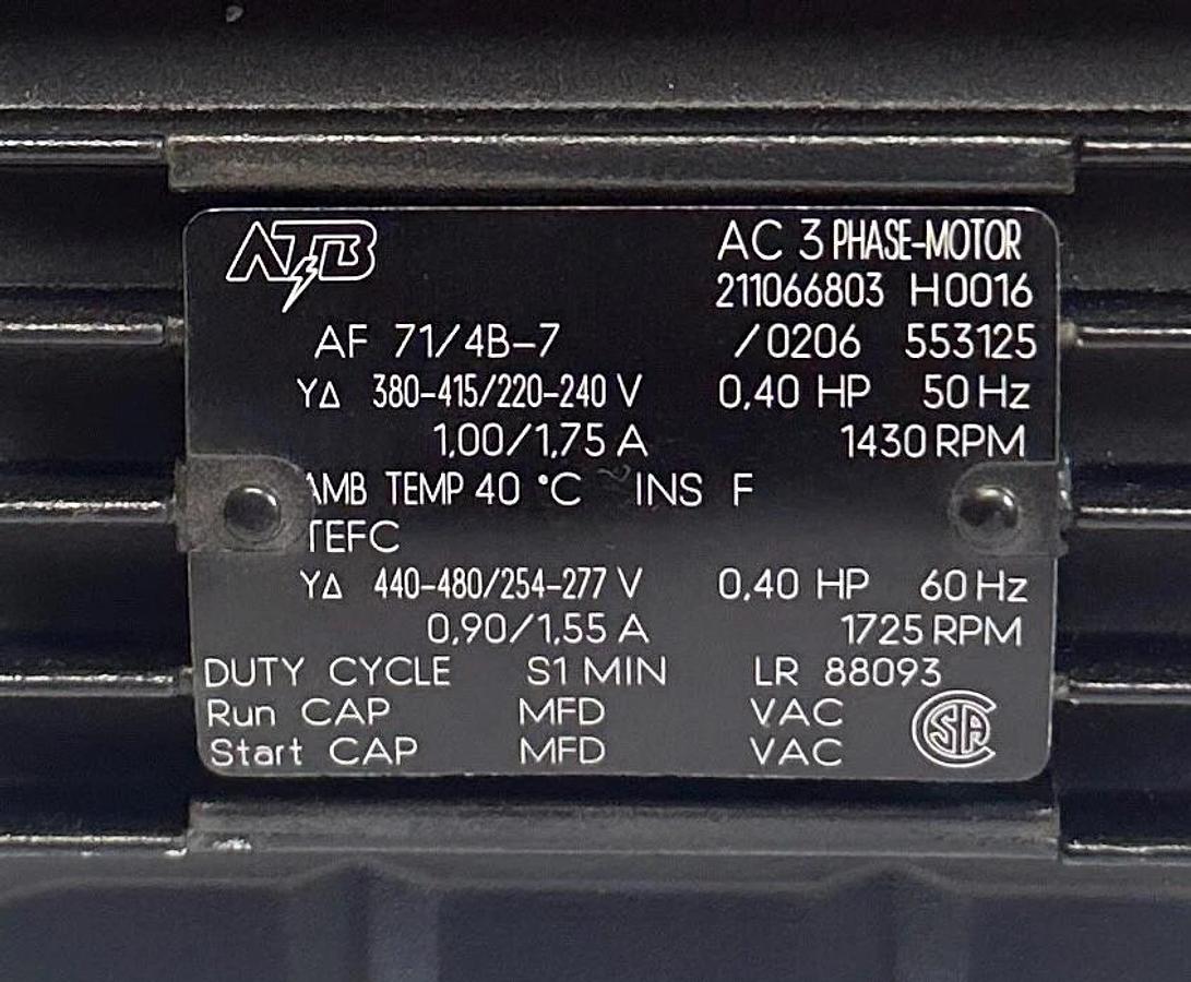 Refurbished ATB AF 71/4B-7 / AF714B7 3-PHASE AC MOTOR 0.40HP 1725RPM MAX 480V MAX REPAIRED