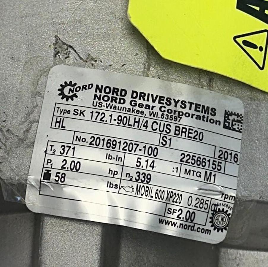 Used NORD SK 172.1-90LH/4 CUS BRE20 / SK 90LH/4 CUS BRE20 HL GEAR MOTOR 5.14:1 NSNP