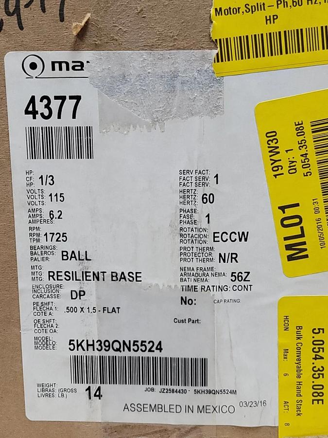 Used NIB MARATHON 5KH39QN5524 MOTOR HP: 1/3 RPM: 1725 PHASE: 1