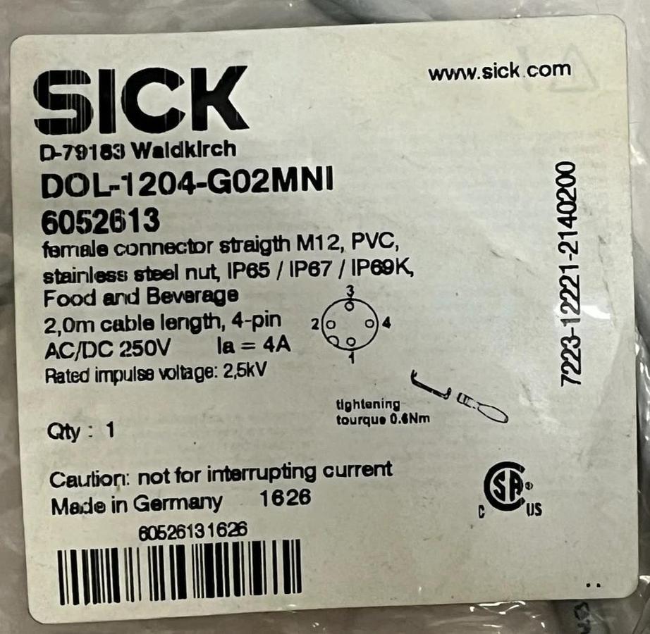SICK DOL-1204-G02MNI (6052613) M12 4-Pin 2m Hygienic Cable NEW