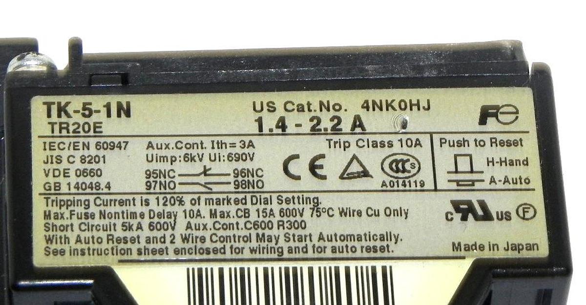 Used NEW FUJI ELECTRIC TK-5-1N THERMAL OVERLOAD RELAY CAT NO. 4NK0HJ, TK51N