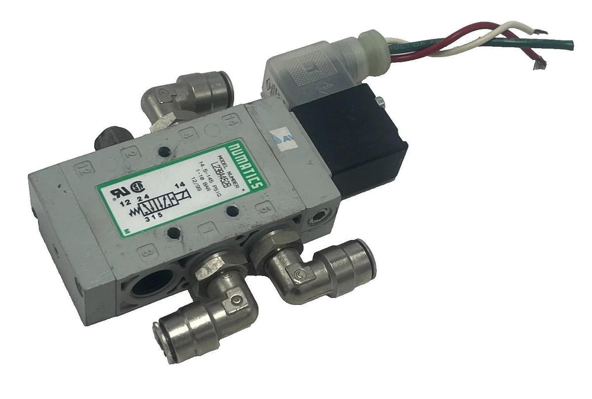Used NUMATICS L23BA452B Solenoid Valve 24VDC 4-Way 1/4" NPT w/ 237-569 Coil, Canfield