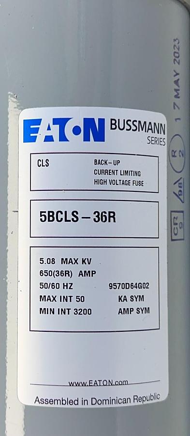 Used EATON BUSSMANN 5BCLS-36R DOUBLE-BARREL FUSE 5.08kV 650(36R)A CLS 9570D64G02 NSMP