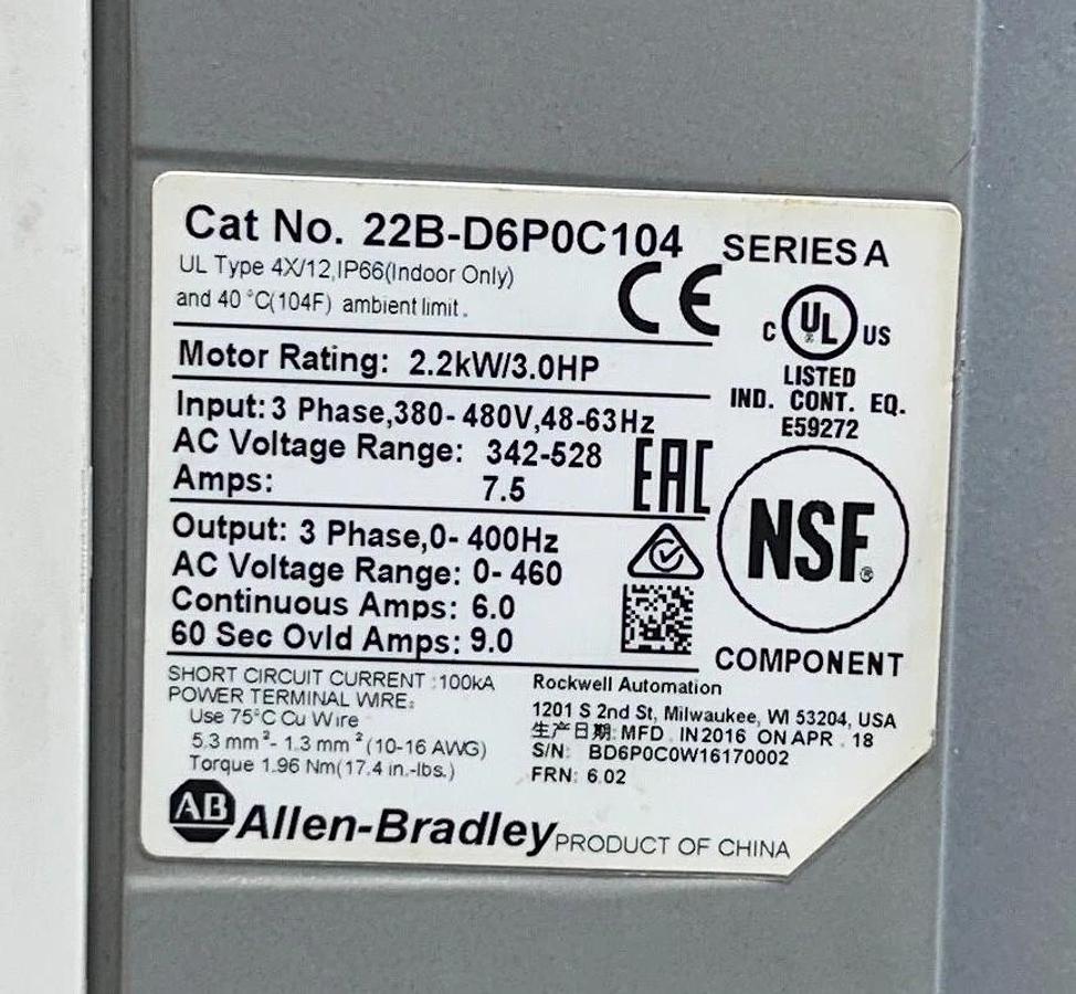 Used ALLEN BRADLEY 22B-D6P0C104 /A PowerFlex 40 AC DRIVE 2.2kW/3.0HP 22BD6P0C104 USNP