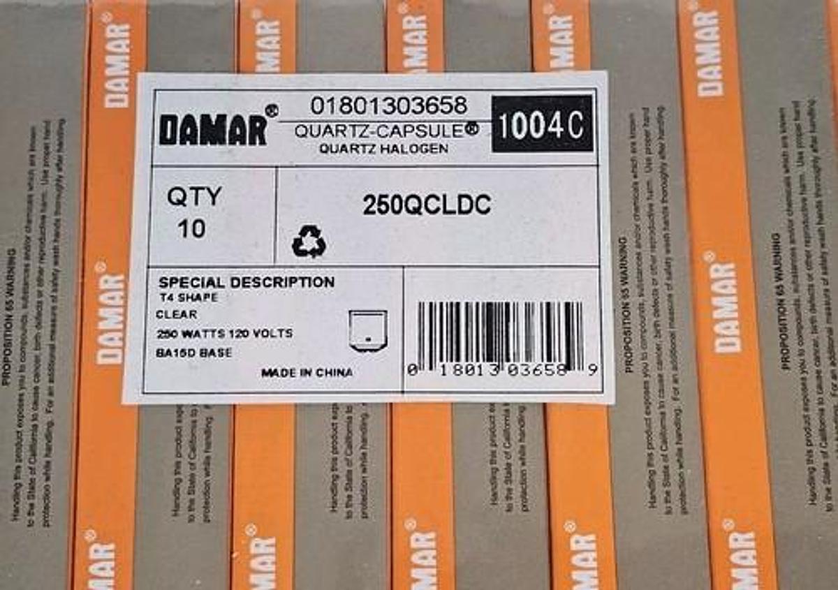 LOT OF 10 NEW DAMAR 01801303658 QUARTZ-CAPSULE HALOGEN LAMPS 250QCLDC