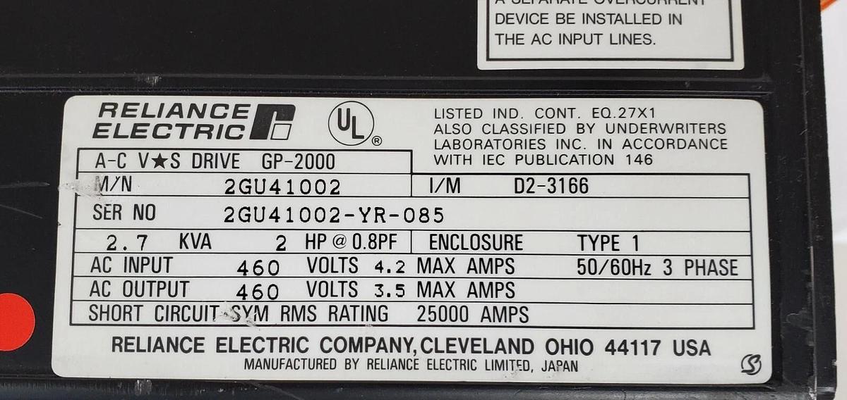 Used RELIANCE ELECTRIC 2GU41002 AC VS DRIVE, GP-2000, 2.7KVA, 2HP, 3 PHASE