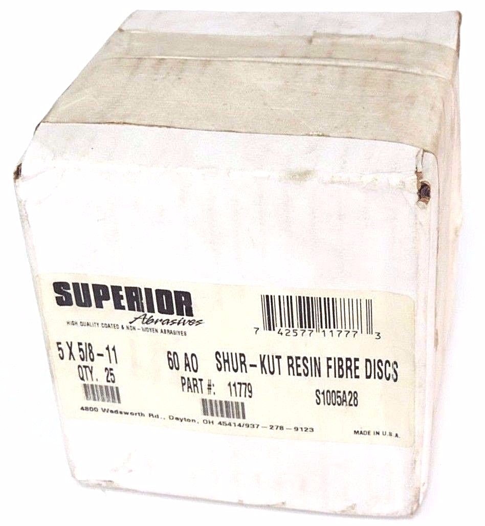 NIB SUPERIOR ABRASIVES 5X5/8-11 60 AO RESIN FIBRE DISCS PART #: 11779 (QTY: 25)