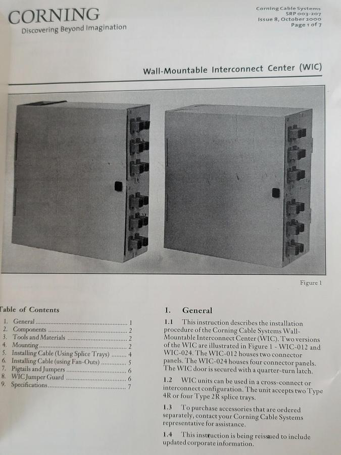 NIB CORNING WIC-012-25 WALL-MOUNT INTERCONNECT CENTER WIC01225