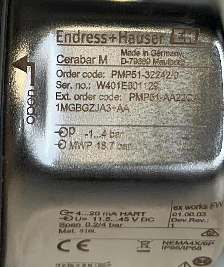 Used ENDRESS+HAUSER PMP51-AA22QA / PMP51-32242/0 Cerabar M TRANSMITTER HART NSNP
