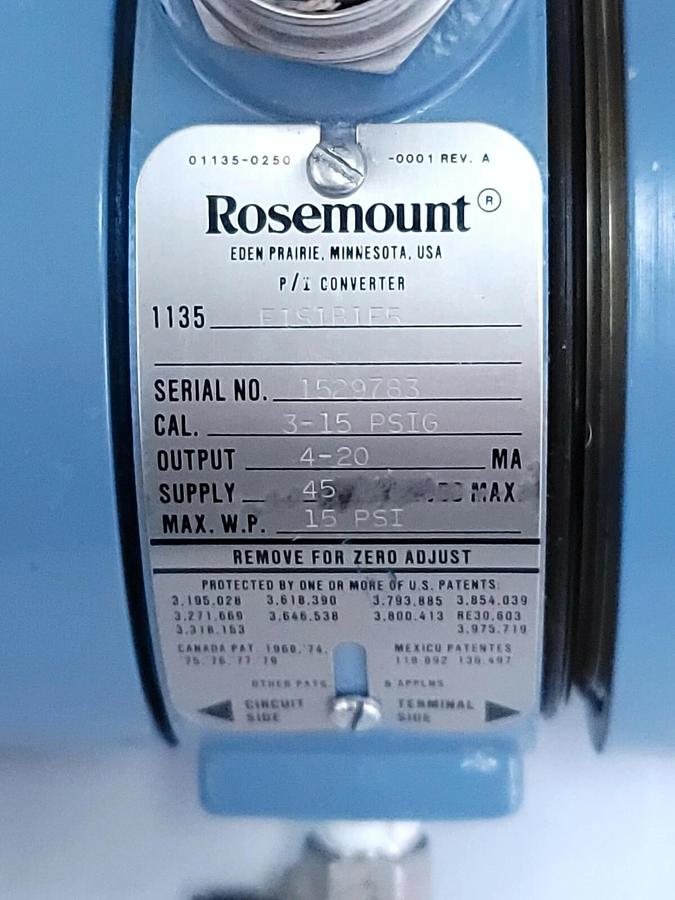 Used ROSEMOUNT 1135-F1S1B1E5 PRESSURE TRANSMITTER 45VDC 3-15PSI