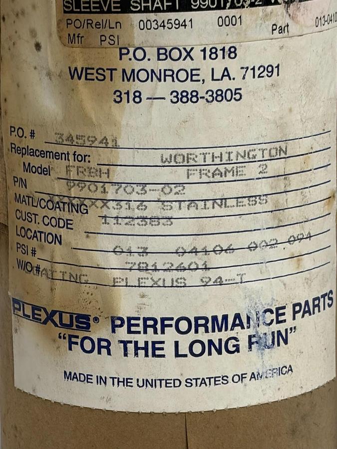 Used Worthington 9901703-02 Shaft Sleeve 316 Stainless Pump Frame 2 Plexus New