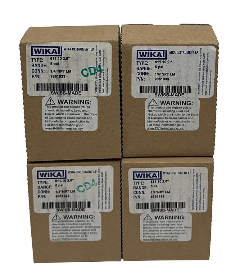 Used 4 WIKA 611.10 2,5'' / 9851933 PRESSURE GAUGES 1/4'' NPT 5PSI 2-1/2'' DIAL NSMP
