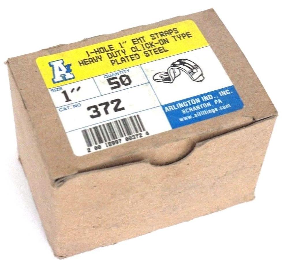 Used BOX OF 50 NEW ARLINGTON 372 HEAVY DUTY CLICK-ON EMT STRAPS 1-HOLE 1"