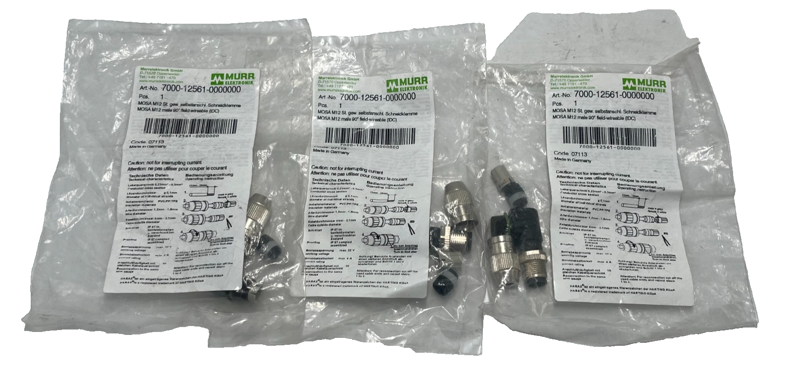 Used (3) Murr Elecktronik 7000-12561-0000000 M12 Cordset Male Straight 4Pin 5m Cable